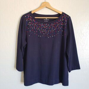 Talbots Rainbow Confetti Pom Pom Cotton Knit Top Navy Women's Large 3/4 Sleeves